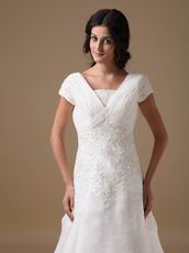 Modest V-neck White Organza Church Wedding Dress Discount