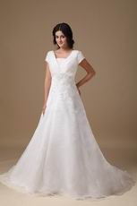 Modest V-neck White Organza Church Wedding Dress Discount