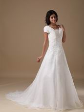 Modest V-neck White Organza Church Wedding Dress Discount