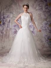 Chic Halter Chapel Train Ivory Tulle 2014 Bride Dress Up