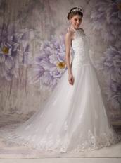 Chic Halter Chapel Train Ivory Tulle 2014 Bride Dress Up