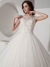 Ivory High-neck Floor-length Puffy Wedding Dress With Applique