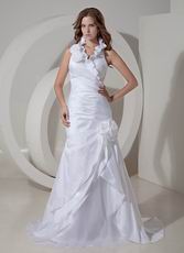 Simple Halter Taffeta Wedding Dress White Hand Made Flowers