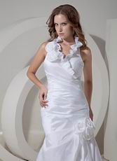 Simple Halter Taffeta Wedding Dress White Hand Made Flowers