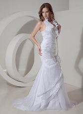 Simple Halter Taffeta Wedding Dress White Hand Made Flowers