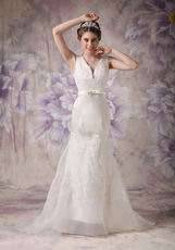 Modest V-neck Applique Lace Wedding Dress Manufacturer