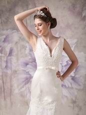 Modest V-neck Applique Lace Wedding Dress Manufacturer