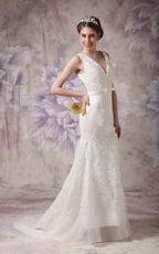 Modest V-neck Applique Lace Wedding Dress Manufacturer