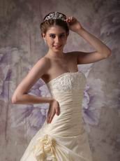 Strapless Lace Decorate Pretty Champagne Wedding Dress For Lady