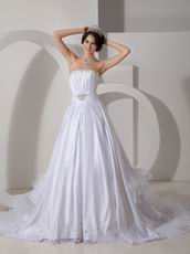 Cheap Strapless Cathedral Train White Puffy Wedding Dress