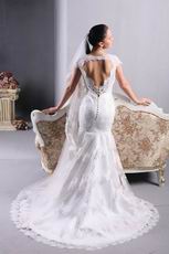 Square Cap Sleeves Open Back Mermaid Fishtail White Bridal Dress