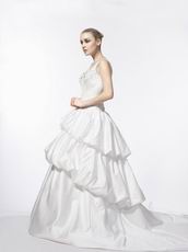 Fashionable V-neck Straps Bubble Cathedral Ivory Wedding Gown