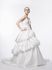 Fashionable V-neck Straps Bubble Cathedral Ivory Wedding Gown