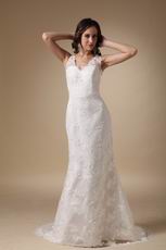 Beautiful V-neck Custom Made Lace Wedding Dress Slender