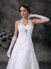 Discount A-line Halter White Wedding Bridal Dress With Applique