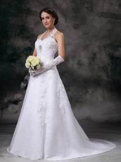 Discount A-line Halter White Wedding Bridal Dress With Applique