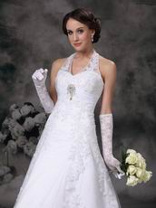 Discount A-line Halter White Wedding Bridal Dress With Applique