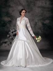 Modest V-neck Long Lace Sleeves Appliqued Bridal Dress Stores