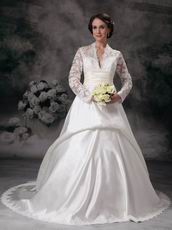 Modest V-neck Long Lace Sleeves Appliqued Bridal Dress Stores