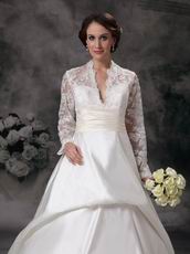 Modest V-neck Long Lace Sleeves Appliqued Bridal Dress Stores