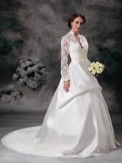 Modest V-neck Long Lace Sleeves Appliqued Bridal Dress Stores