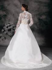Modest V-neck Long Lace Sleeves Appliqued Bridal Dress Stores