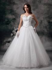 Basque Waist Floor Length Ivory Tulle Bridal Gown Cheap