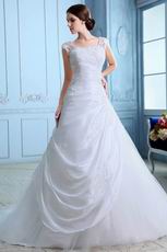 Cheap Straps Square Appliqued A-line Chapel White Taffeta Wedding Dress