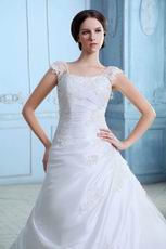 Cheap Straps Square Appliqued A-line Chapel White Taffeta Wedding Dress