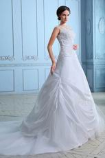 Cheap Straps Square Appliqued A-line Chapel White Taffeta Wedding Dress