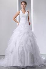 Halter Appliqu Chapel Ball Gown Layers Cascade Wedding Dress Online