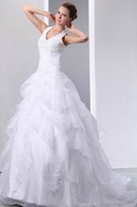 Halter Appliqu Chapel Ball Gown Layers Cascade Wedding Dress Online