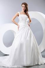 Simple One Shoulder Appliqued Puffy Ivory Taffeta Bridal Dress