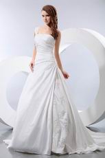 Simple One Shoulder Appliqued Puffy Ivory Taffeta Bridal Dress