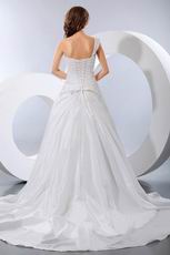 Simple One Shoulder Appliqued Puffy Ivory Taffeta Bridal Dress