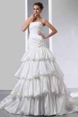 Strapless Flowers Layers Puffy Skirt Chapel Ivory Wedding Dress