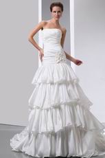 Strapless Flowers Layers Puffy Skirt Chapel Ivory Wedding Dress