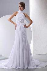 Princess Halter White Chiffon Fabric Wedding Dress With Chapel Train