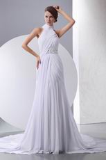 Princess Halter White Chiffon Fabric Wedding Dress With Chapel Train