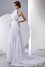 Princess Halter White Chiffon Fabric Wedding Dress With Chapel Train