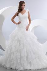 V Neck Cascade Puffy Organza Skirt Ivory Wedding Dress Online