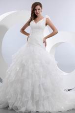 V Neck Cascade Puffy Organza Skirt Ivory Wedding Dress Online