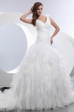 V Neck Cascade Puffy Organza Skirt Ivory Wedding Dress Online