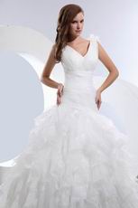 V Neck Cascade Puffy Organza Skirt Ivory Wedding Dress Online