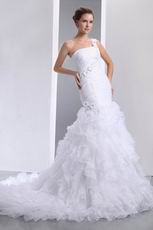 One Shoulder Flowers Straps Cascade Trumpet Wedding Dress White