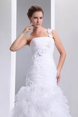 One Shoulder Flowers Straps Cascade Trumpet Wedding Dress White