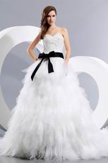 Sweetheart Appliqued Cascade Cathedral Bridal Dress With Black Belt