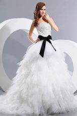 Sweetheart Appliqued Cascade Cathedral Bridal Dress With Black Belt