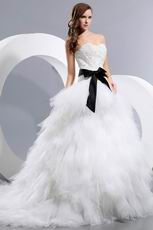 Sweetheart Appliqued Cascade Cathedral Bridal Dress With Black Belt