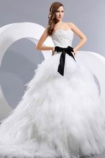 Sweetheart Appliqued Cascade Cathedral Bridal Dress With Black Belt